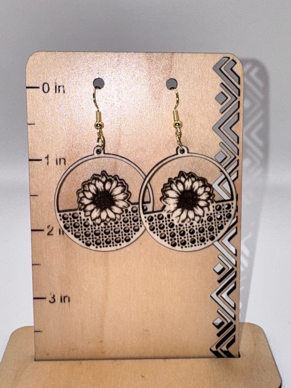 Laser cut Sunflower Wood Dangle Earrings